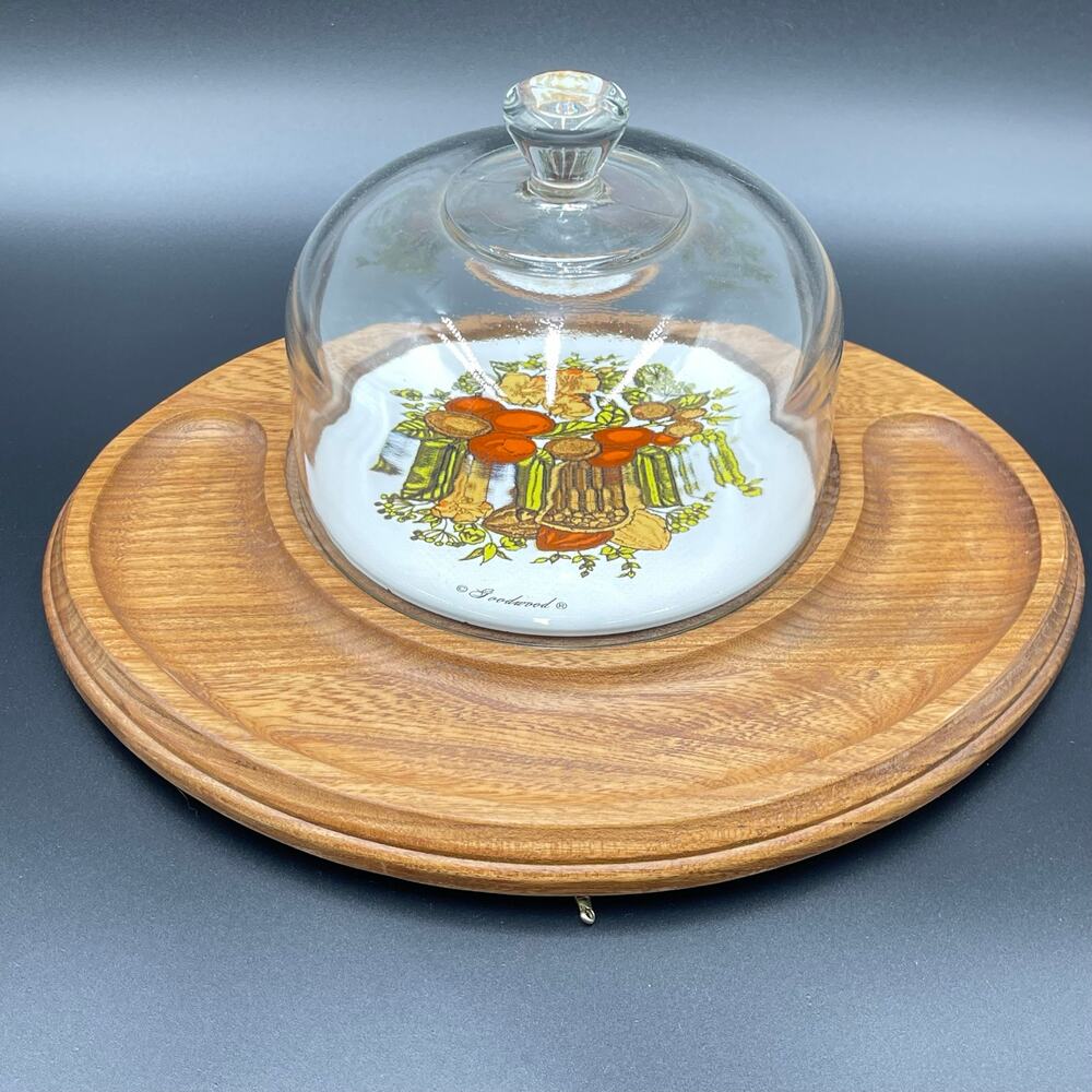 Vintage Goodwood Teak Wood Cheese Cracker Tray Glass Dome MCM